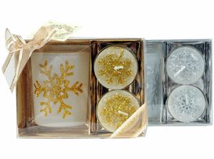 Resim Teelichtglas weihnachtlich, mit 2 Kerzen,, in Geschenkbox, gold- und silberfarben