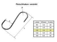 Resim S - Fleischhaken 5,0x120 mm, verzinkt, 1 Seite angespitzt