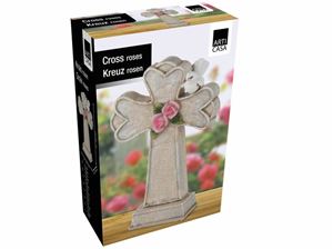 Imagen de Grabschmuck Kreuz mit Rosen aus Polyresin, Größe 10,5 x 4,5 x 16 cm im Geschenkkarton