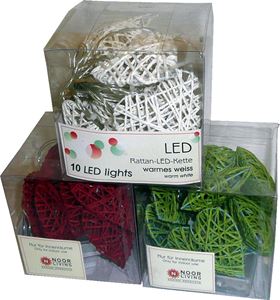 Bild von Lichterkette mit 10 beleuchteten Rattanherzen,, 3 Farben sortiert, 153 cm lang, 3AAA Batteriebox