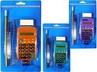 Immagine di Taschenrechner mit Schreibset, 6teilig auf Blister, 3fach sortiert grün, orange und lila