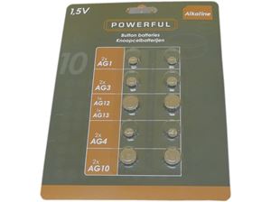 Bild von Batterie Knopfzellen AG1 - AG13 auf Blister, 2xAG1, 2xAG3, 2xAG4, 2xAG10, 1xAG12, 1xAG13