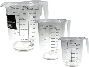 Resim Messbecher 3er-Set mit 3 Größen, transparent, enthält die Größen: 1000 ml, 500 ml und 250 ml