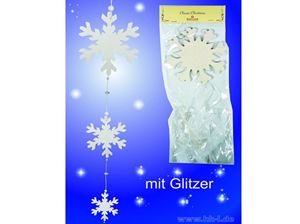 Resim Holz-Schneeflocke zum Hängen, 3 Stk. untereinander, weiß-glitzernd,mit Schleifenband & Perlen, Polybag