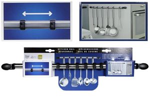 Resim Küchenschiene Edelstahl mit 6 Kunststoffhaken, ca. 56 cm lang + Anbaumaterial