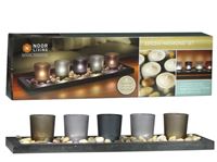 Immagine di Teelichter auf dunkelbrauner Holzschale 44x13x8cm, mit 5 Gläsern in grau/braun Tönen, siehe Details