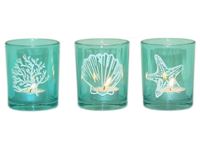 Immagine di Teelichtglas aus Glas 3 Designs,, 2 Farben sortiert, türkis und dunkelblau