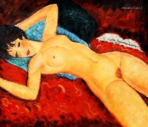 Resim Amedeo Modigliani - Akt mit blauem Kissen c92492 50x60cm exzellentes Ölbild Museumsqualität